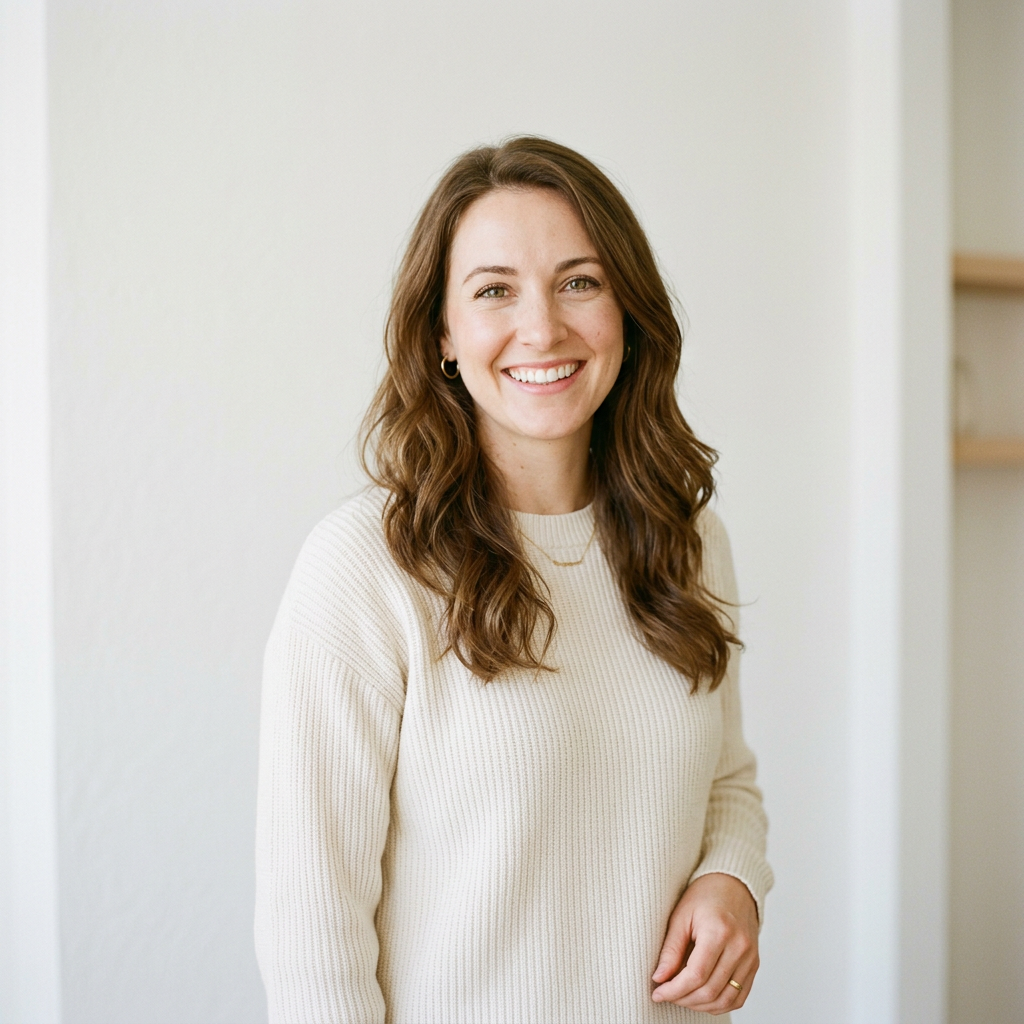 Smiling woman with long brown hair wearing a cream sweater