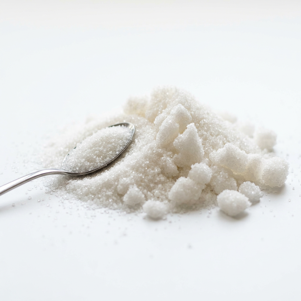 Spoon filled with granulated white sugar next to clumps of sugar on a white surface